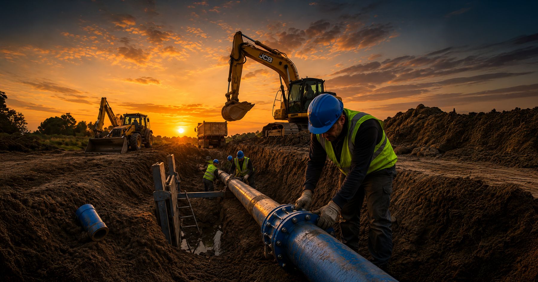 Laying a drinking water main in an open trench, built by THERMIN Kft.