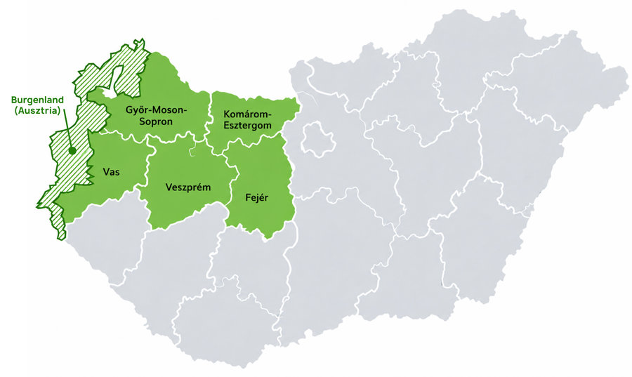 Magyarország térképe kiemelve Győr-Moson-Sopron, Komárom-Esztergom, Fejér, Veszprém és Vas vármegyével, valamint Burgenlanddal