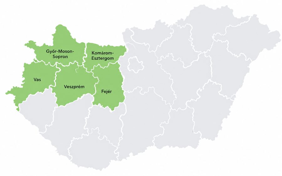 Magyarország térképe kiemelve Győr-Moson-Sopron, Komárom-Esztergom, Fejér, Veszprém és Vas vármegyével