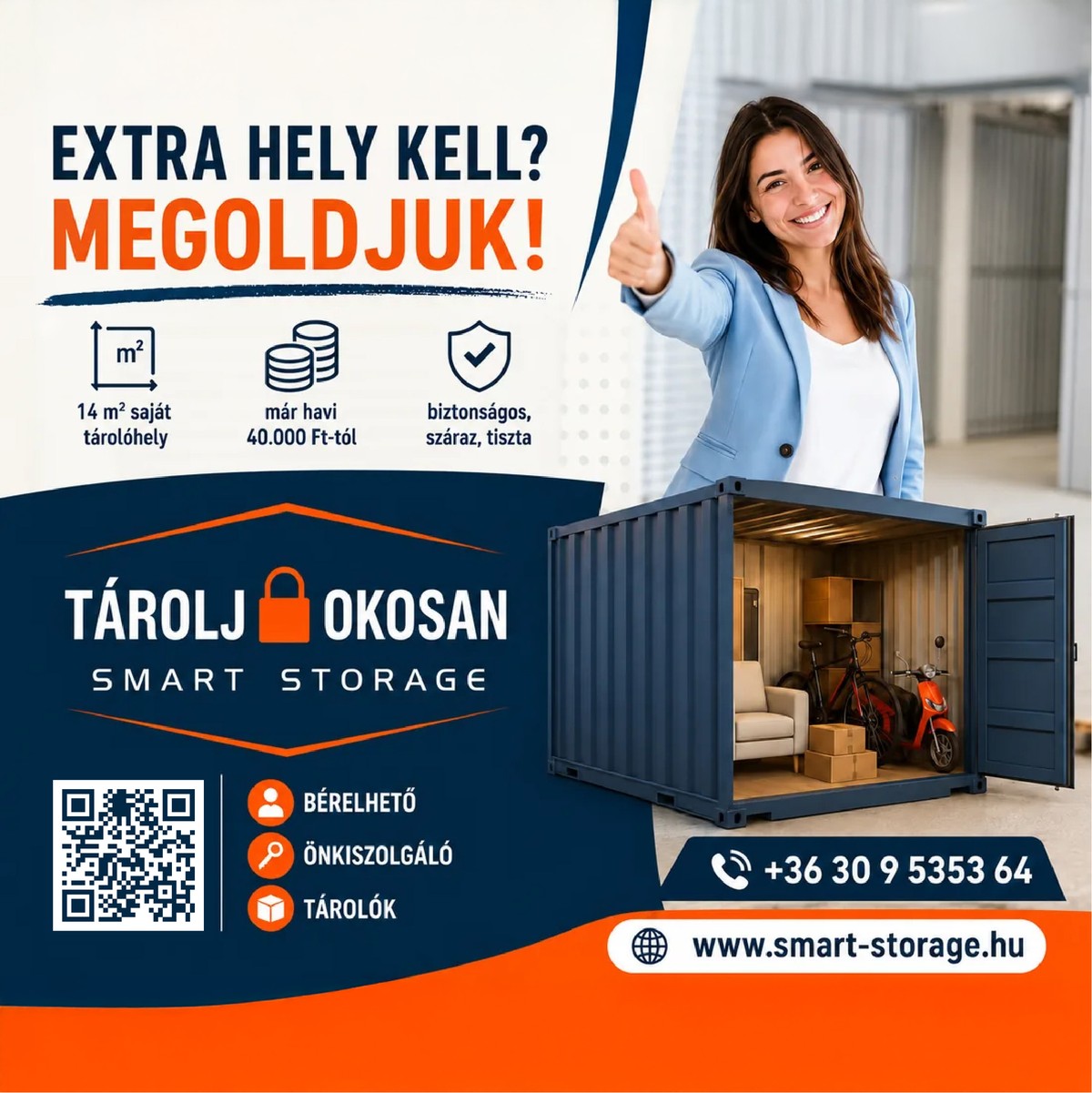 Tárolj Okosan – Smart Storage: 14 m² saját tárolóhely, biztonságos, száraz, tiszta konténerek Győrújbaráton